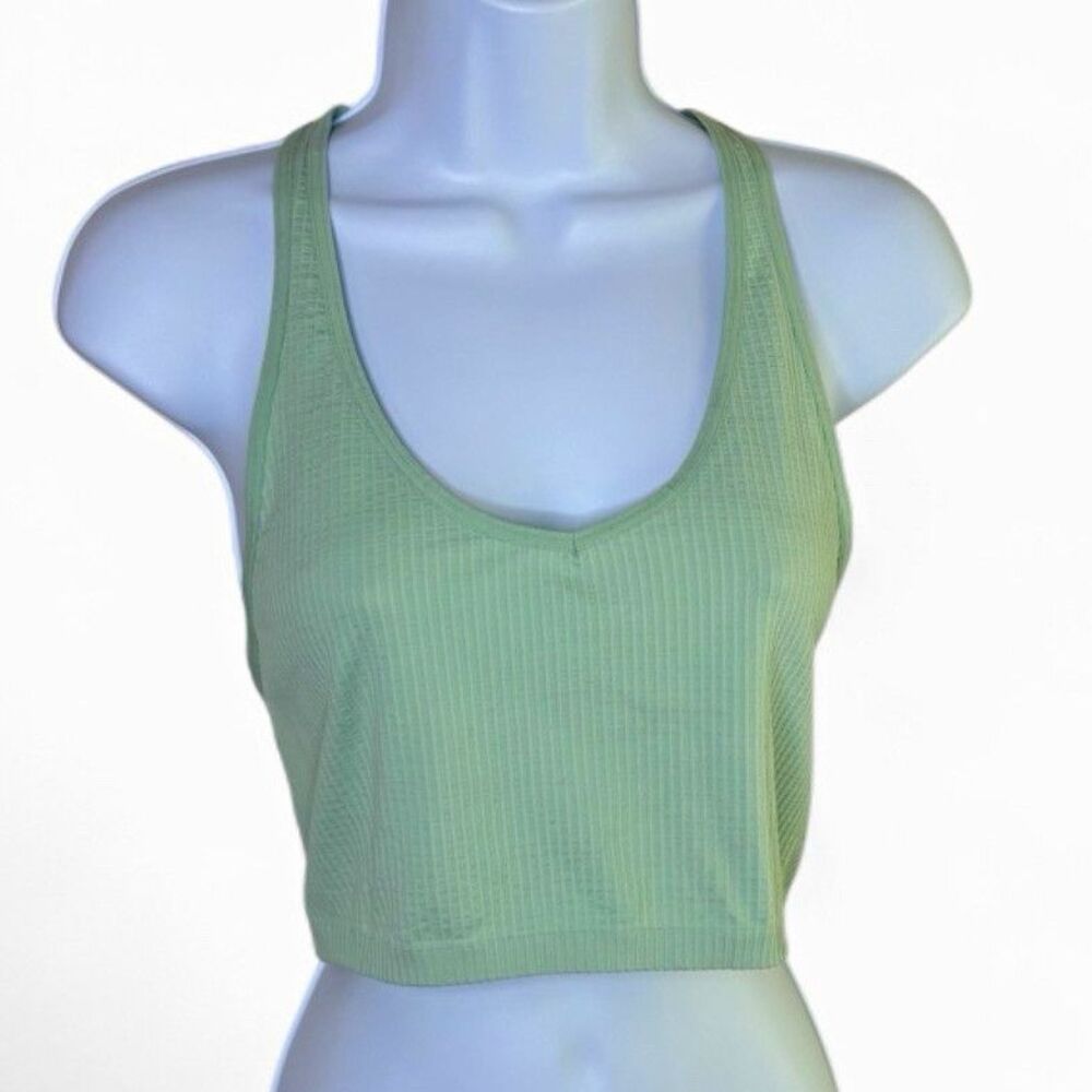 By Anthropologie Seamless Ribbed V-Neck Crop Tank Top Size L/XL Mint Green Boho